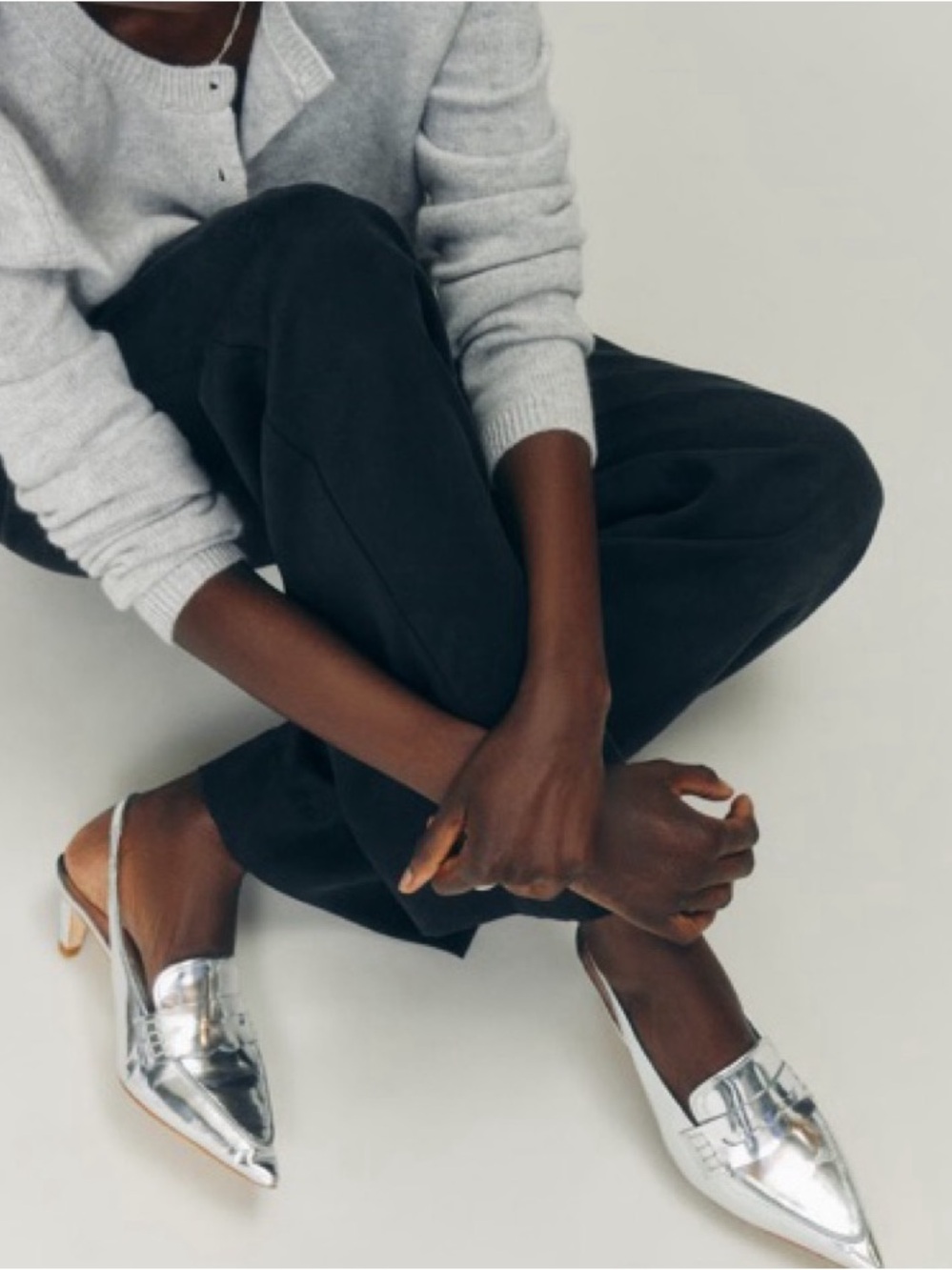 NEW Reformation Patent Leather Silver Metallic Pointer Loafer Slingback Heels - Picture 3 of 8